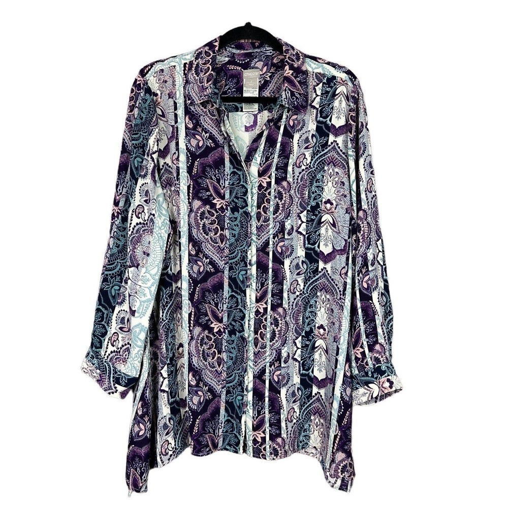 Chico's Printed Boho Button Down Top Purple Blue Womens Size 2 / Large